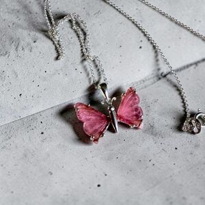 Carved Pink Tourmaline Butterfly Sterling Silver Necklace